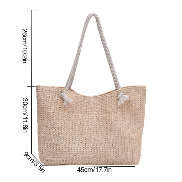 Large Tote Straw Bag Beige Lined Rope Handles - Picture 6 of 6